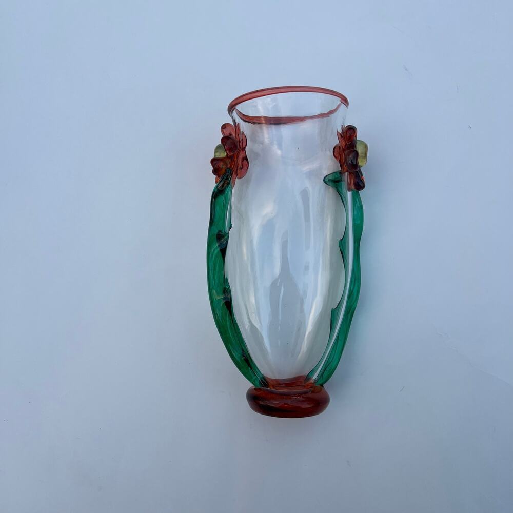 Hand Blown Vase Applied Flowers Green Orange 10.5‎ in Long
